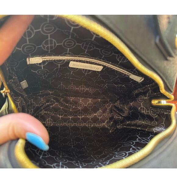 Henri Bendel West 57th Backpack Leather Round Bag Adjustable Straps Black Gold - Picture 7 of 7